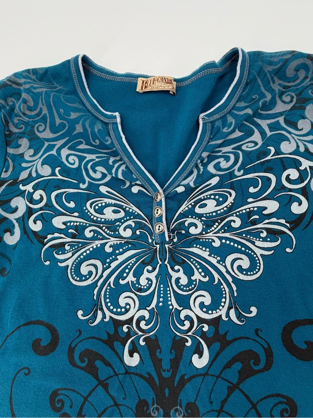 Y2K goth fairy Teal 3/4 Sleeve Henley with Ornate Butterfly Print